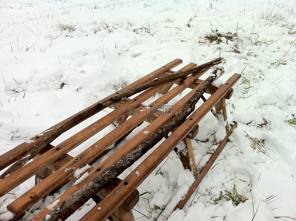 木制雪橇,雪,冬天
