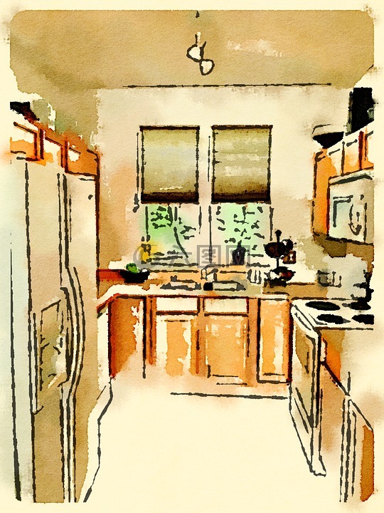 厨房,水彩,图