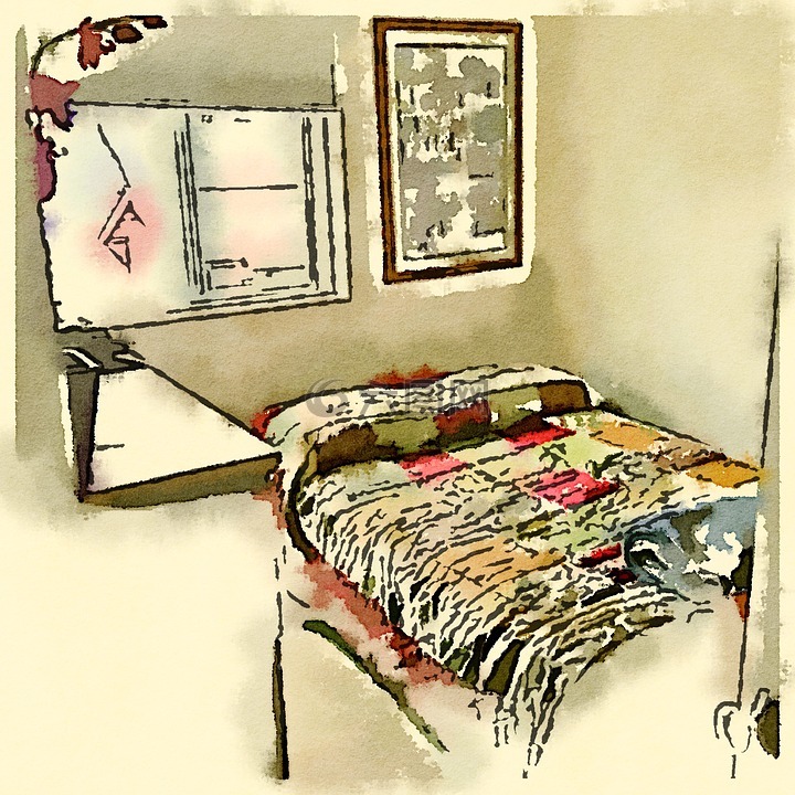 卧室,水彩,图