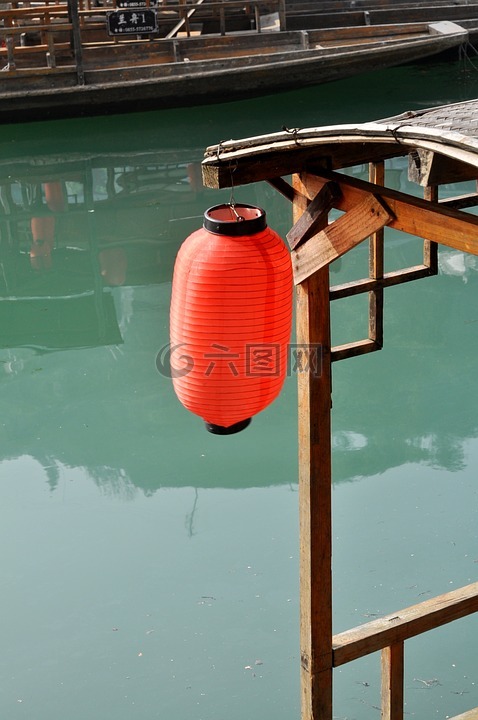 红灯笼,湖,船