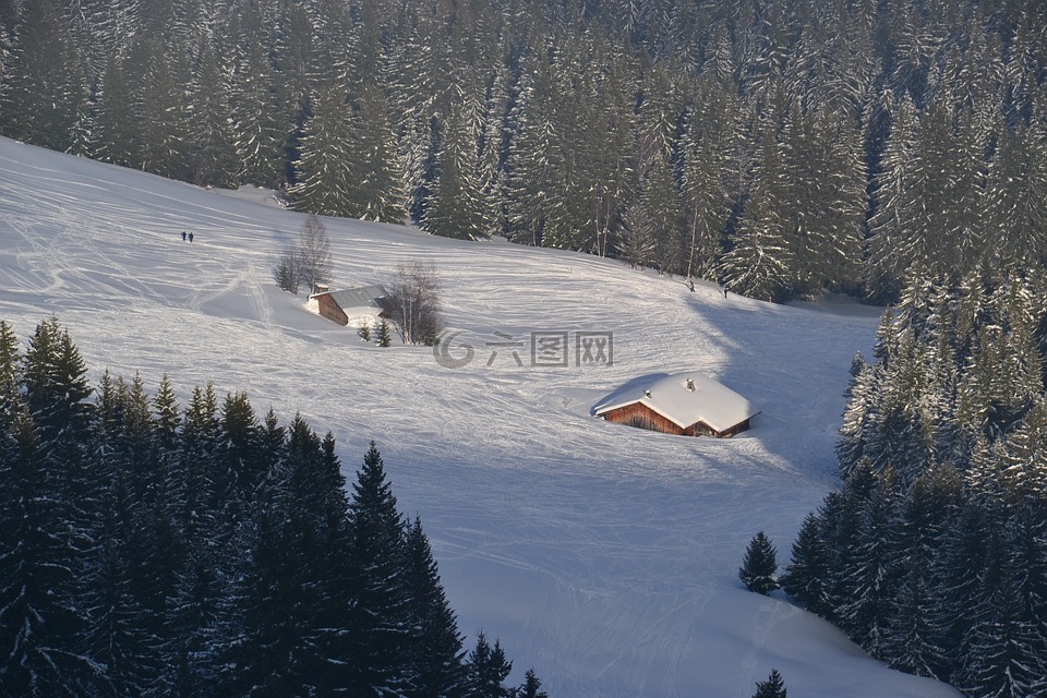 雪下的房子,滑雪,阿尔卑斯山