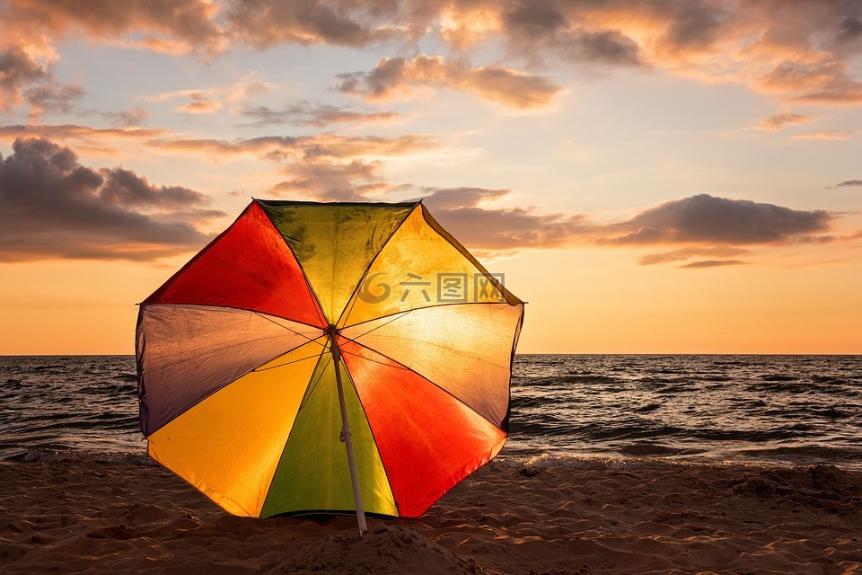 日落,遮阳伞,海洋