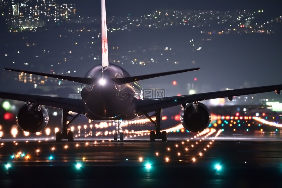 夜间飞行,飞机,机场