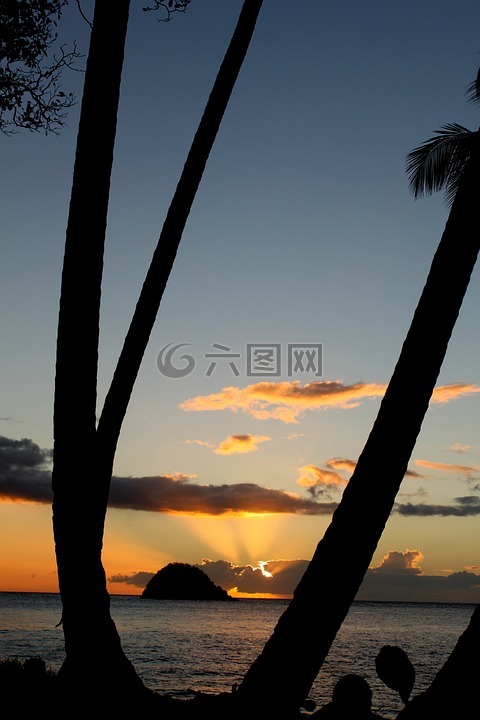 马提尼克岛,日落,海滩