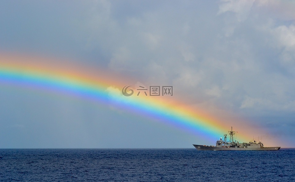 彩虹,海,船舶