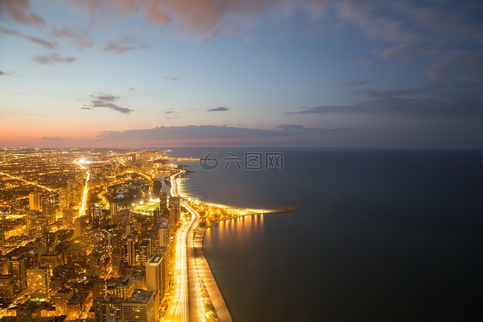城市天际线,夜,芝加哥