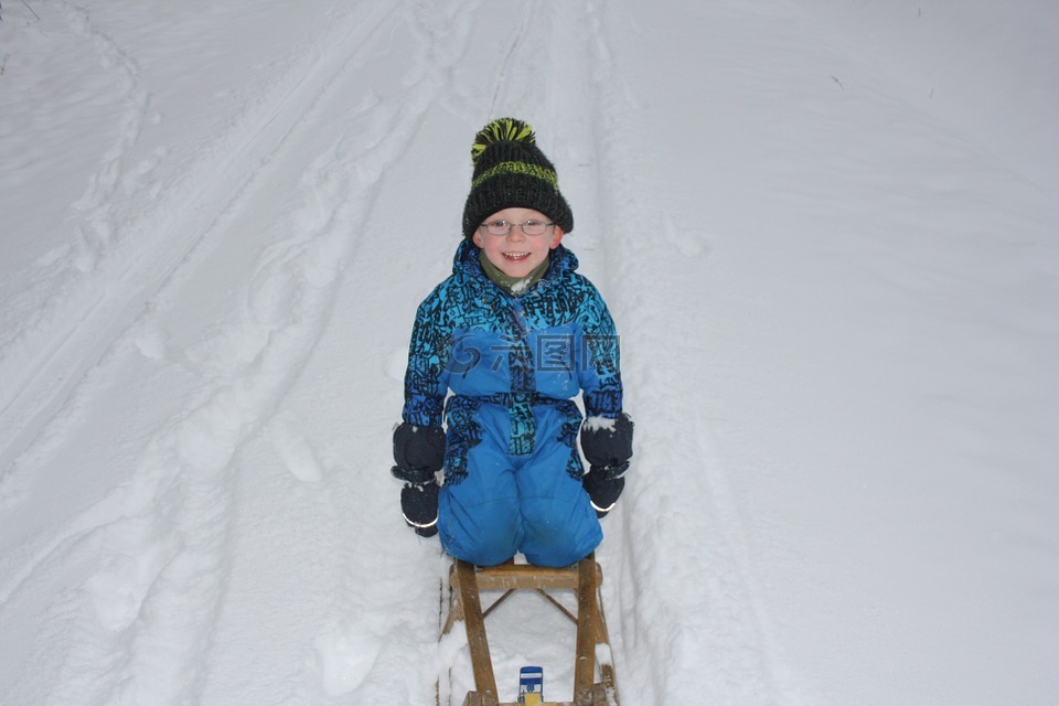 儿童,冬天,乘坐雪橇