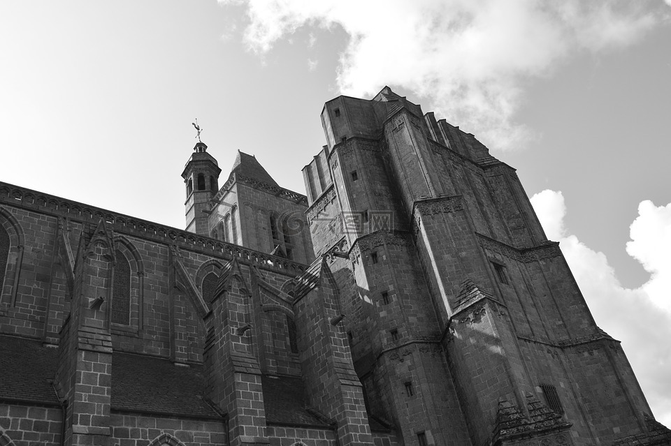 大教堂的dol de bretagne,黑白照片,宗教古迹