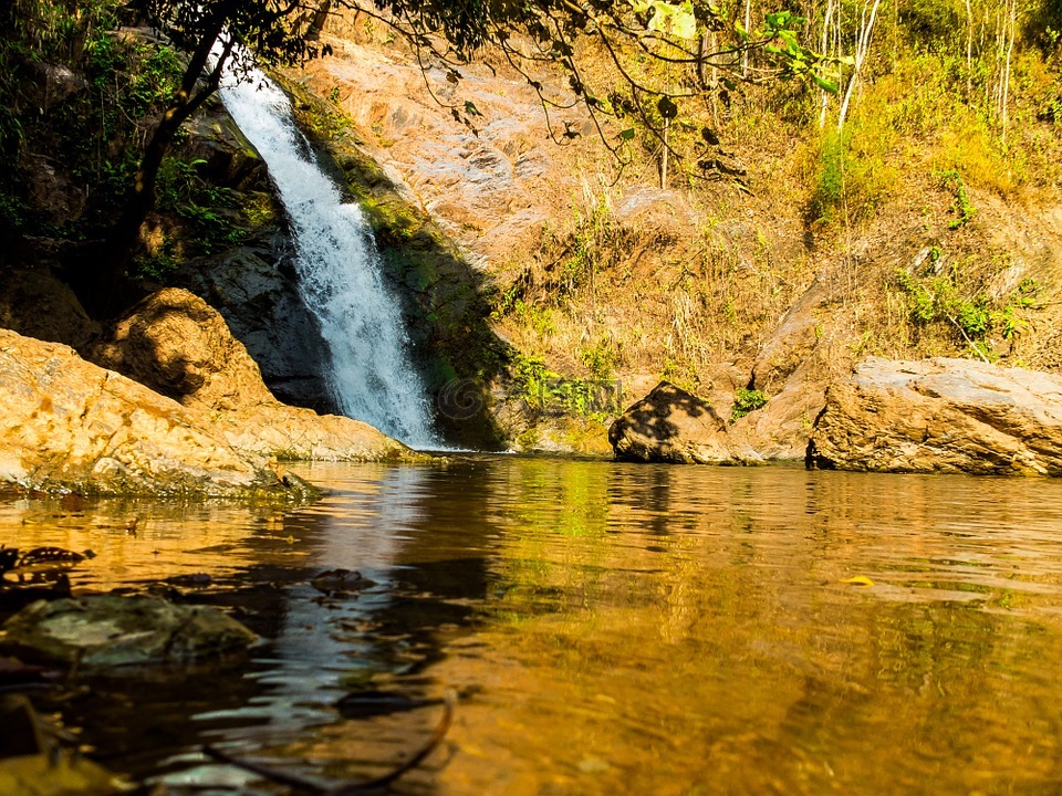 瀑布,河风景,泰国北部