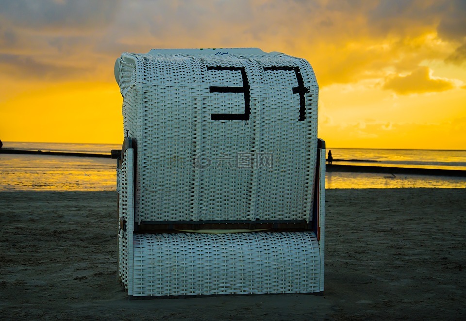 日出,日落,沙滩椅