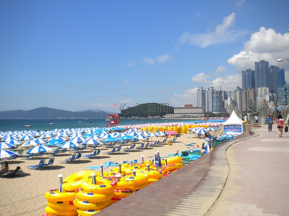 釜山,海云台海水浴场,雨伞