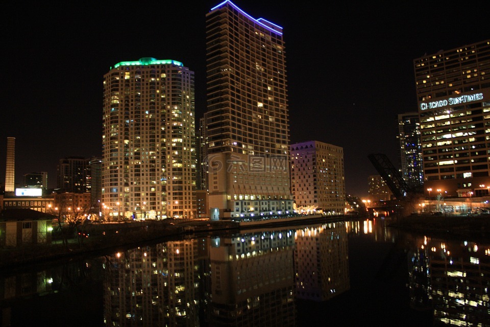 芝加哥,河,夜景