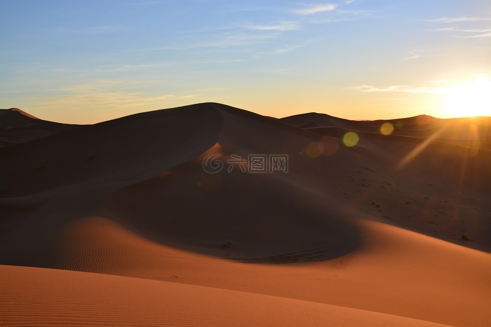 日落,沙漠,撒哈拉