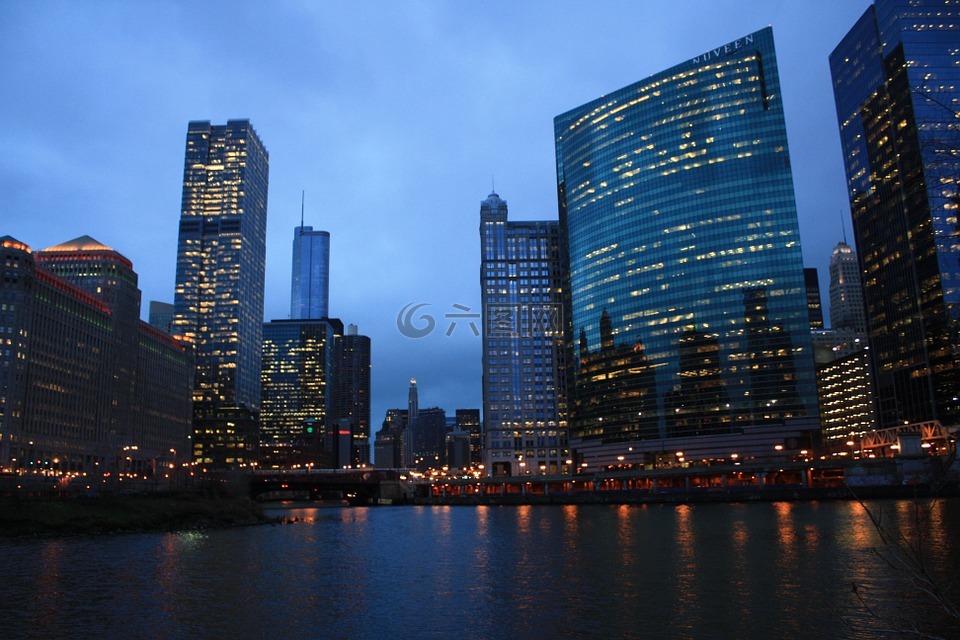 芝加哥,河,夜