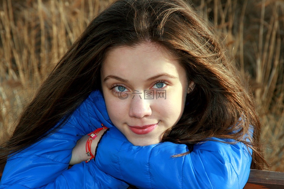 女孩,蓝色的眼睛,蓝色