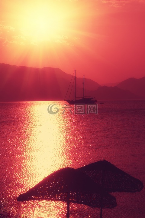 游艇,太阳,红色