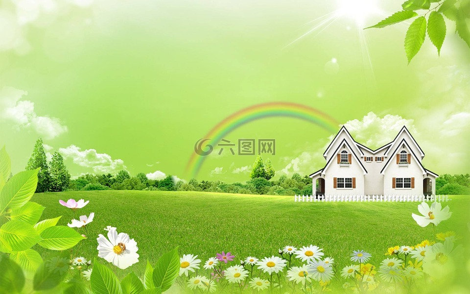 彩虹,小屋,绿叶
