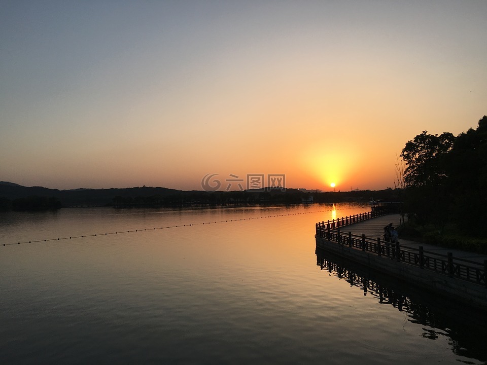 夕阳,湖畔,太湖
