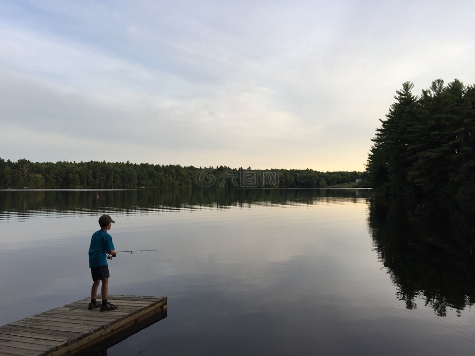 湖,男孩,钓鱼