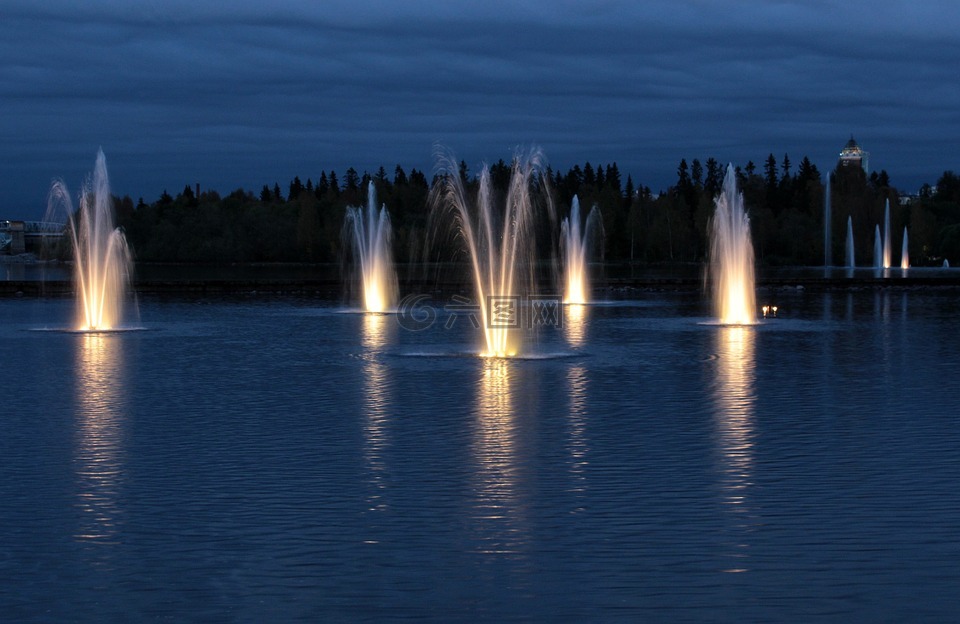 夜,晚上,喷泉