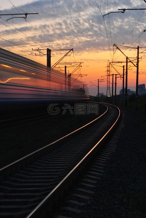 日落,火车,路