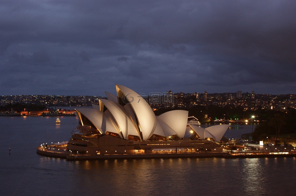 悉尼歌剧院,夜,海港