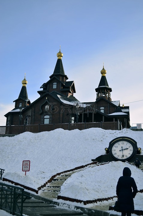 冬季,教堂,时钟
