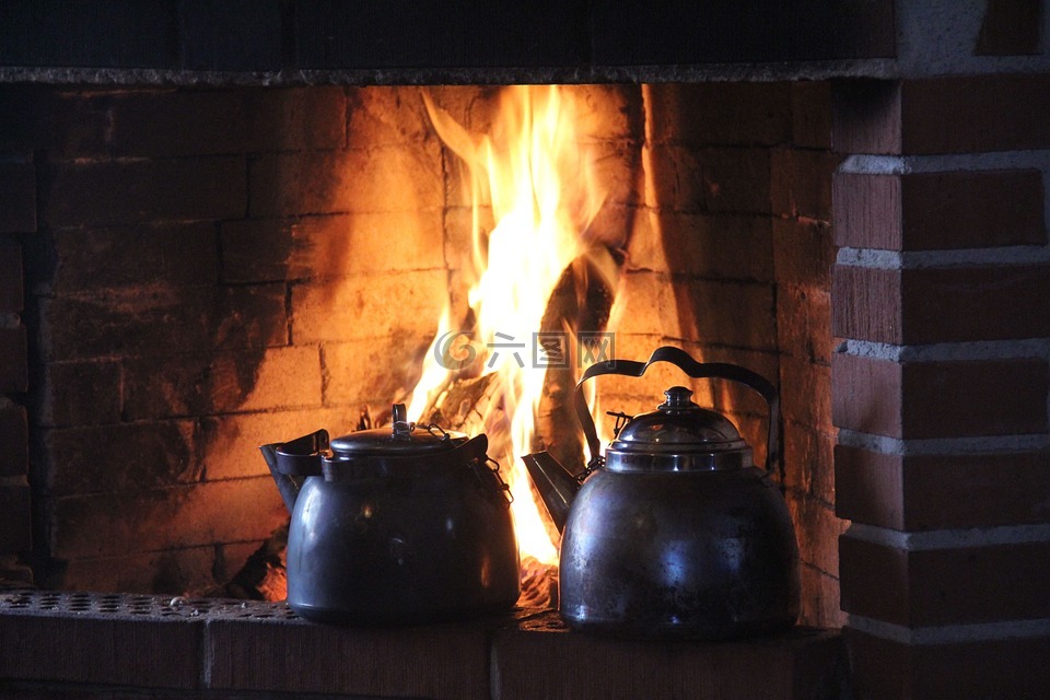 火,壁炉,热咖啡