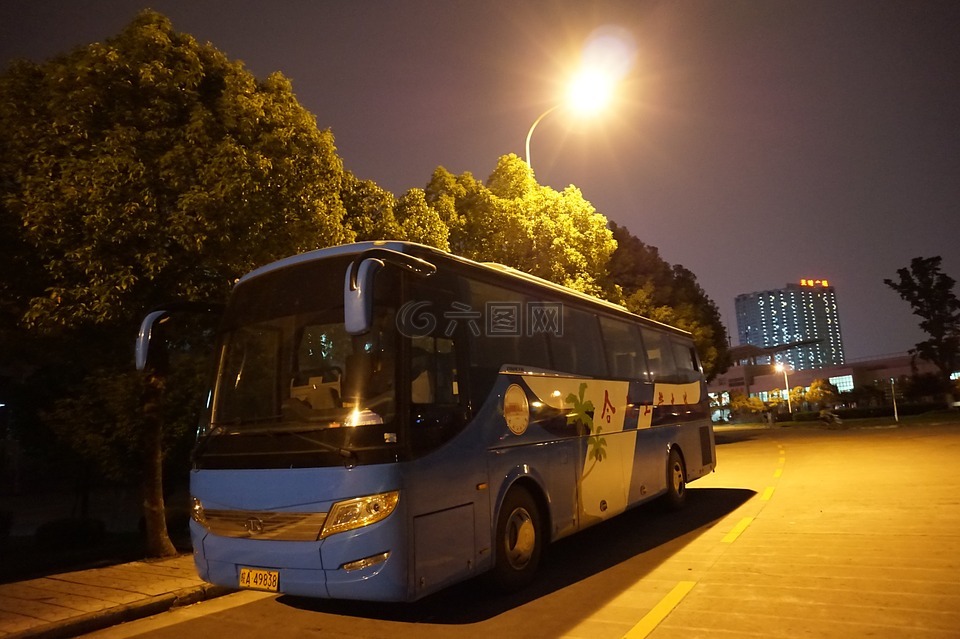 夜景,公共汽车,灯光