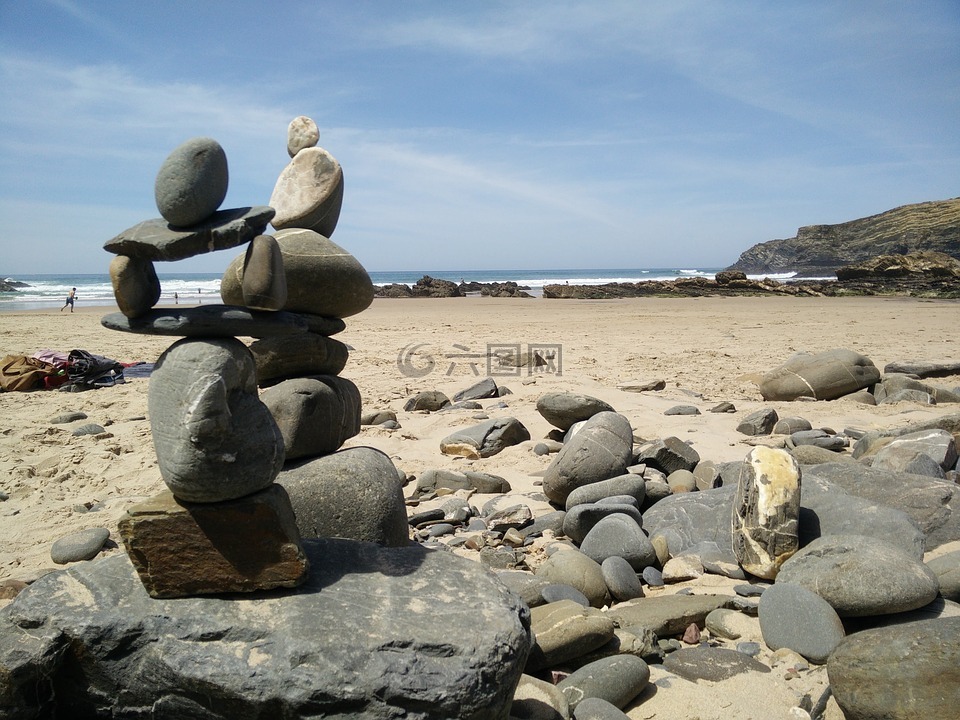 蓝色,海滩,石头