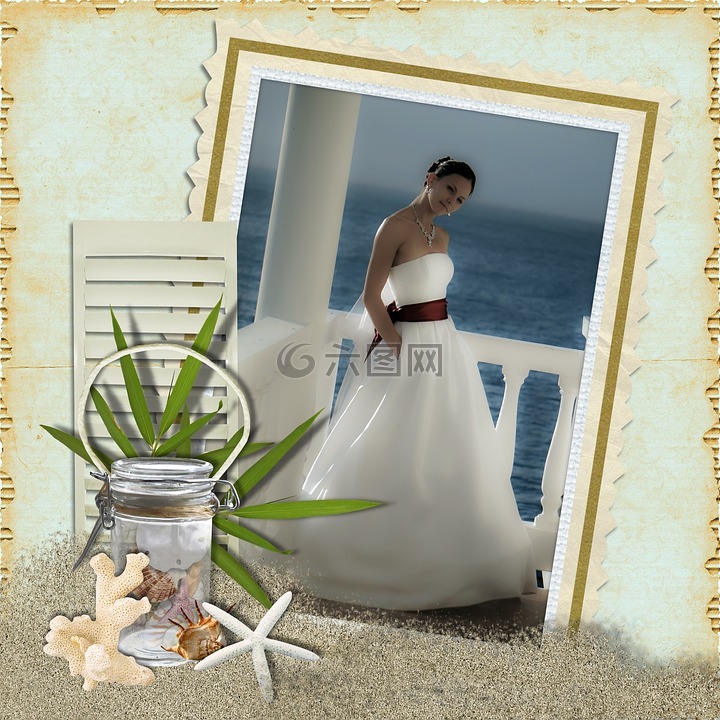 新娘,海滩,婚纱礼服