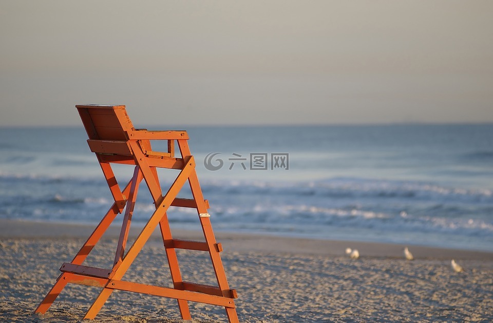 海滩,生命守卫椅子,海洋
