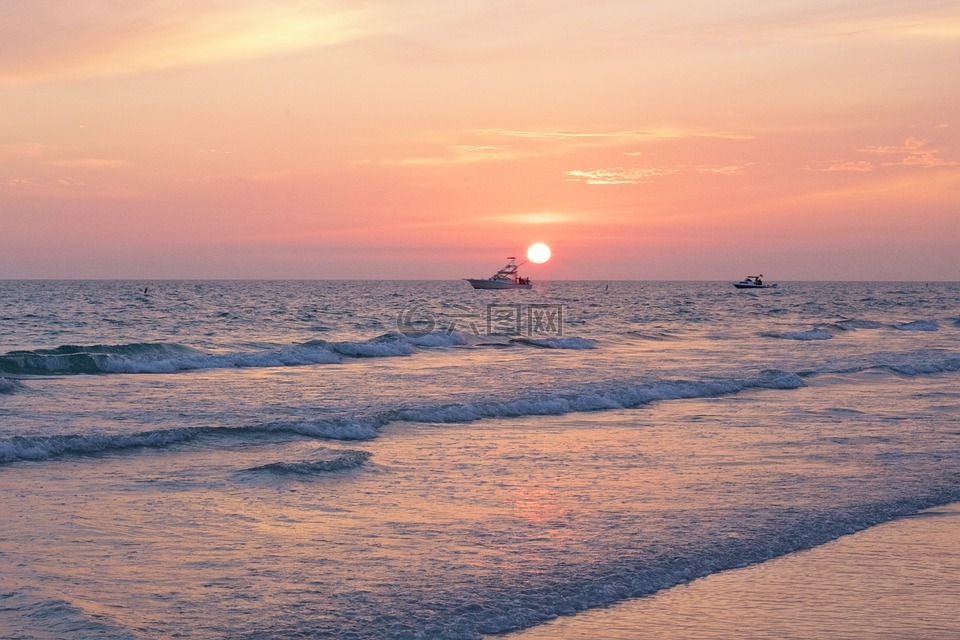 日落,粉红色的日落,海洋