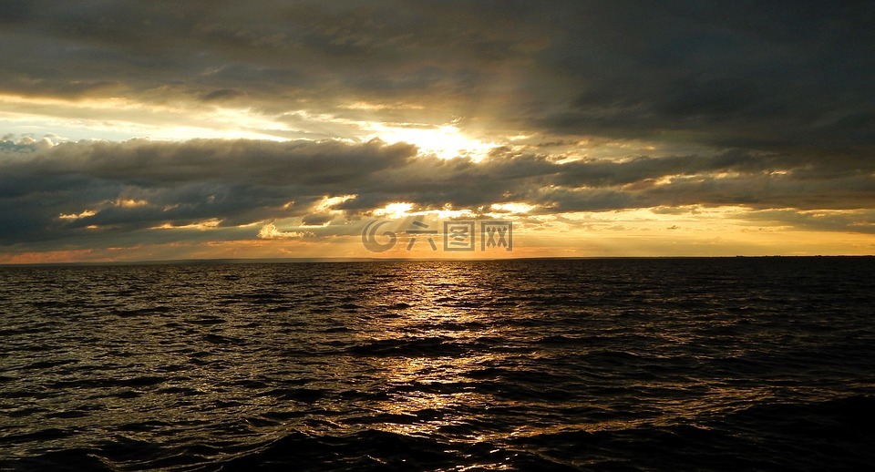 海,日落,地平线