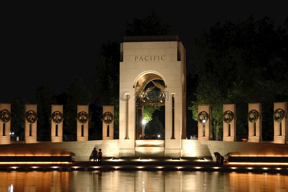 华盛顿特区,二次世界大战纪念馆,夜