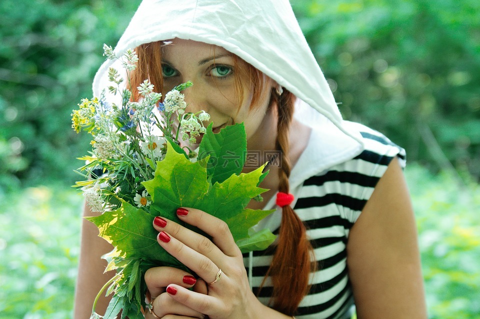 女孩,鲜花,红发