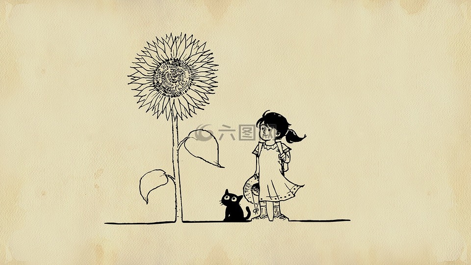 女孩,猫,花
