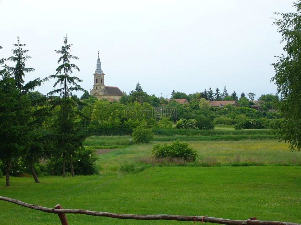 村,绿色,教堂