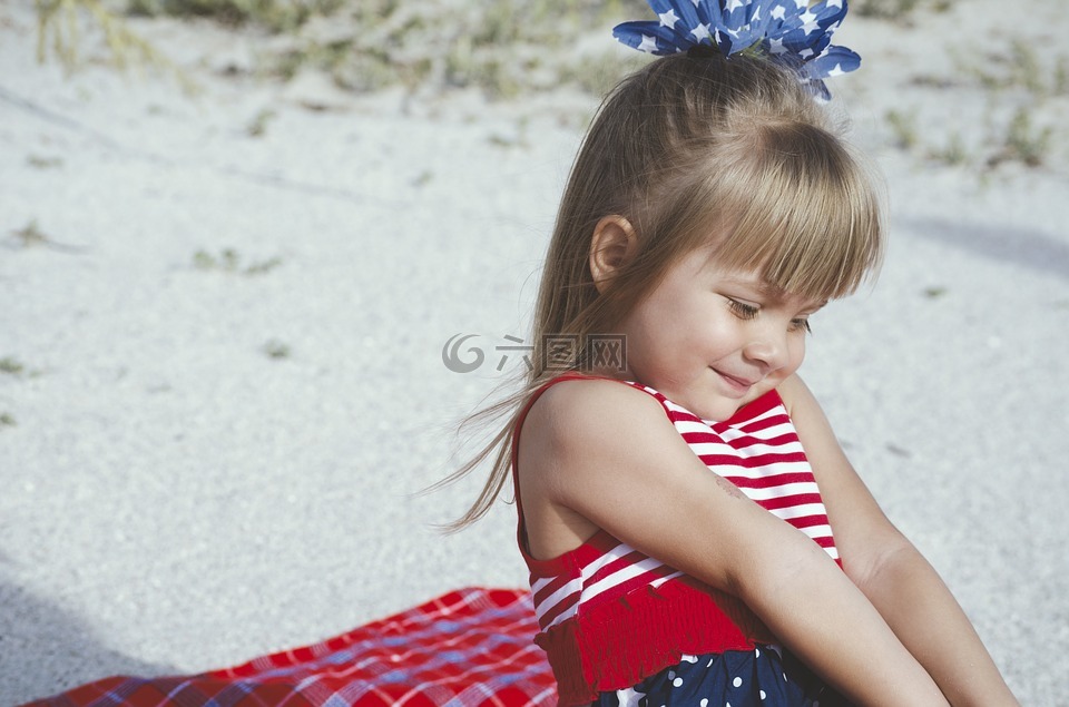 小女孩,海滩,微笑