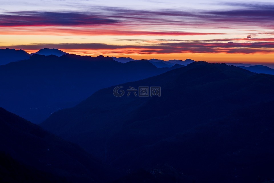 日落山,蓝色,自然