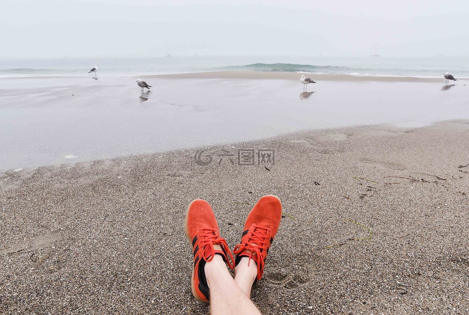 橙色,鞋,海滩