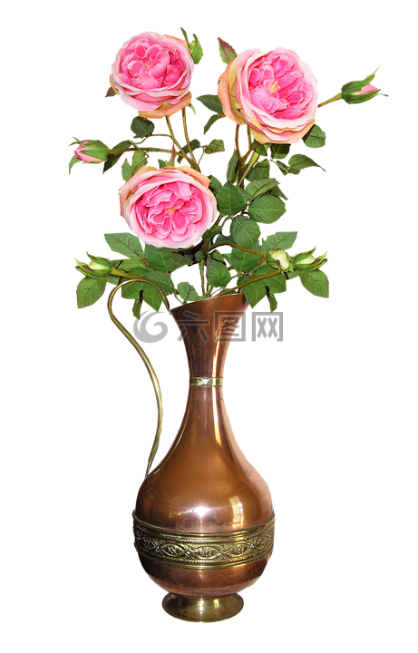 铜酒壶,玫瑰,花瓶