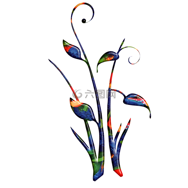 植物区系抽象卷轴,蜡染艺术的设计,多色