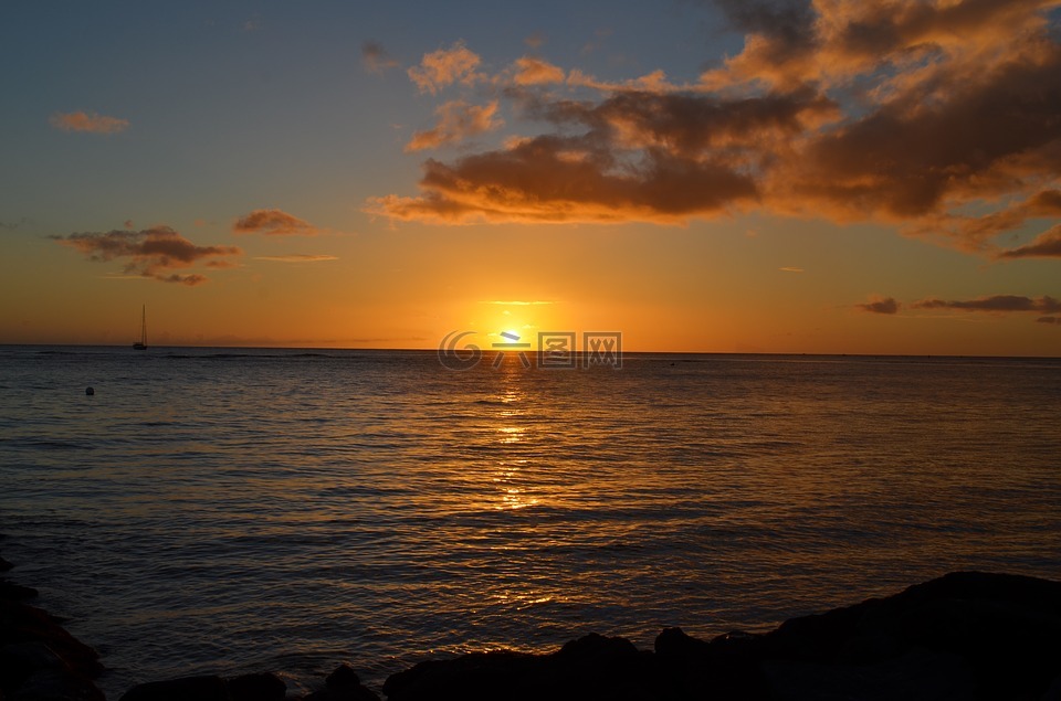 日落,夏威夷,夏威夷海滩