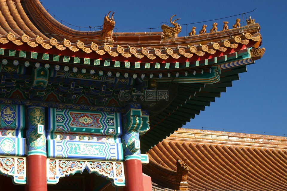中国,屋顶,庙