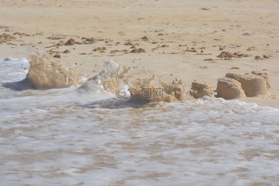 沙子城堡,波,海滩