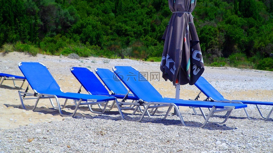 海滩,日光浴床,伞