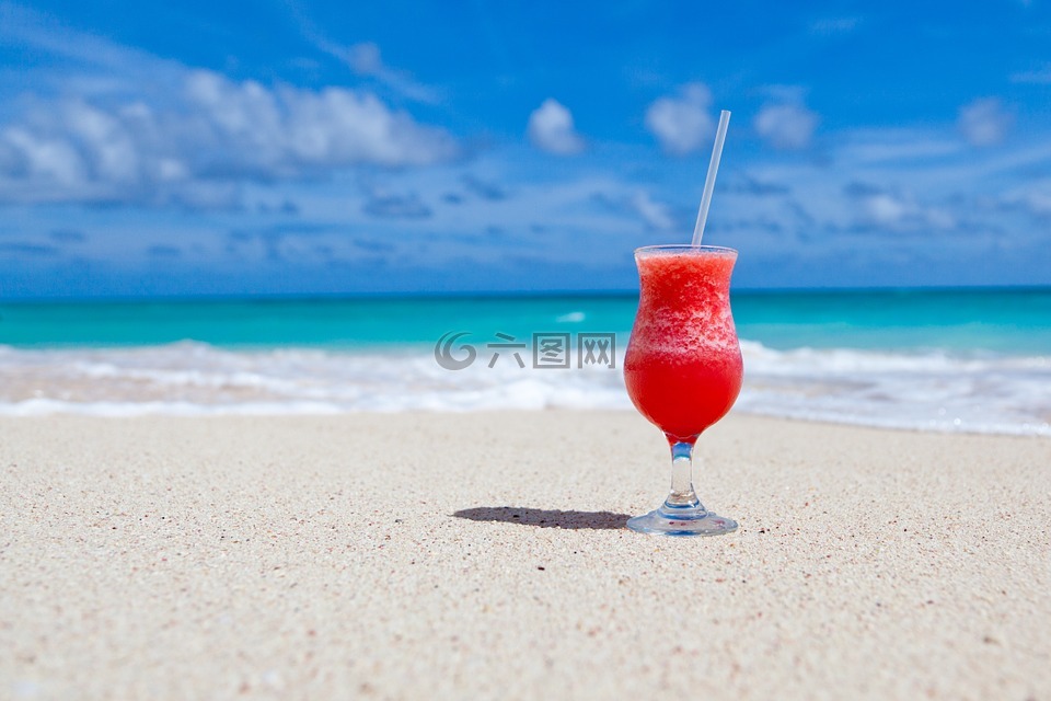 海滩,饮料,加勒比海