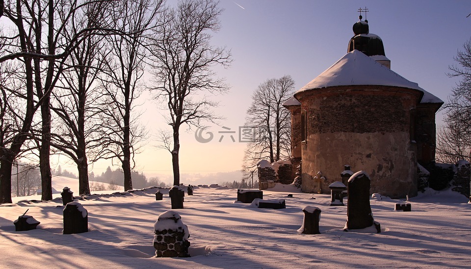 教堂,冬天,墓地