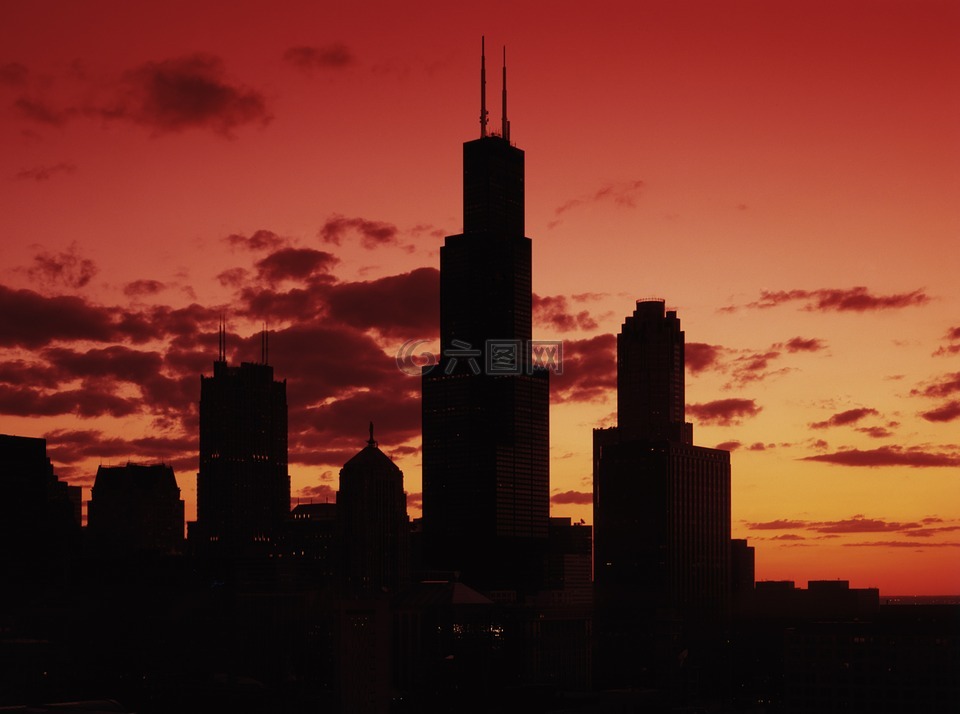 芝加哥,日落的时候,晚上